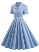 Load image into Gallery viewer, Blue 1950s Vintage Shirt Dress for Women Short Sleeve Audrey Hepburn Style Cocktail Swing Dress