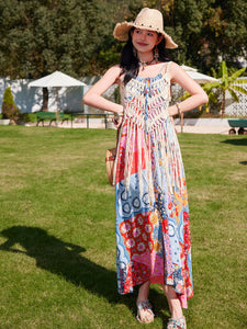 Bohemian Retro Print Strap Boho Maxi Dress with Hollow Crochet Fringe Vest