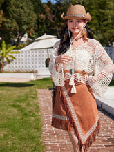 Load image into Gallery viewer, White Hollow Crochet Tassel Top with Brown Suede Irregular Tassel Skirt Boho Outfit