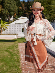 White Hollow Crochet Tassel Top with Brown Suede Irregular Tassel Skirt Boho Outfit