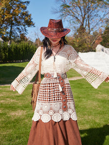 Hollow Crochet Tassel Top with Waistband Brown Corduroy Skirt Bohemian Suit