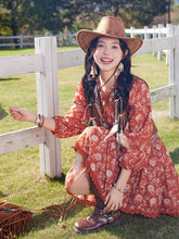 Load image into Gallery viewer, Bohemian Orange Printed Long-sleeved Mini Dress with Suede Embroidered Vest Boho Suit