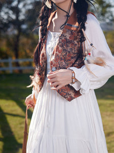 Bohemian White Long-sleeved Cotton Maxi Dress with Suede Embroidered Vest Boho Suit