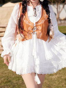 Bohemian White Long-sleeved Ruffles Mini Dress with Suede Embroidered Vest Boho Suit