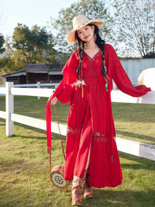 Red Bohemian V Neck Ruffled Lace High Waist Boho Maxi Dress