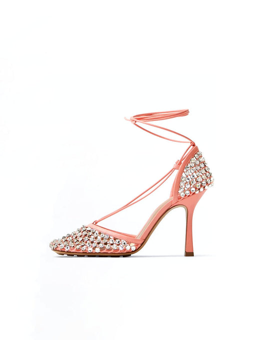 10CM High Heel Square Toe Rhinestones Twine Sandals