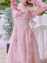 Load image into Gallery viewer, 2PS Pink Rose Handmade Flower Suspender Print Vintage Dress and Cardigan Suit