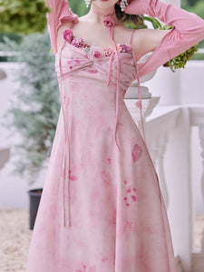 2PS Pink Rose Handmade Flower Suspender Print Vintage Dress and Cardigan Suit