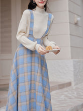 Load image into Gallery viewer, 2PS Blue Sweater With Vinatge Blue Plaid Suspender 1950S Dress