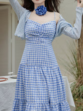 Load image into Gallery viewer, 3PS Blue Plaid Spaghetti Strap Dress With Blue Shawl Dress Suit