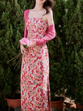 Load image into Gallery viewer, 2PS Pink Floral Print Spaghetti Strap Dress With Rose Shawl Dress Suit