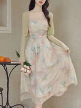 Load image into Gallery viewer, 2PS Light Pink Floral Print Spaghetti Strap Dress With Green Shawl Dress Suit