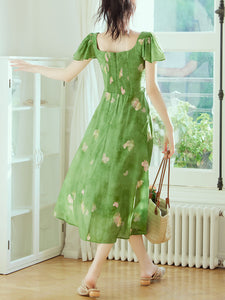 Green Square Neck Short Sleeve Floral Vintage Dress