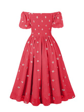 Load image into Gallery viewer, Red Daisy Off The Sleeve Smocking 1950S Vintage Dress