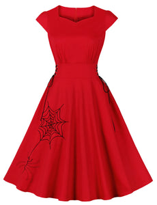 Red Halloween Spider Embroidery Cap Sleeve 1950S Swing Dress