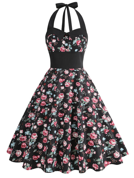 Black Rose Sweet Heart Halter Sleeveless 1950S Vintage Dress