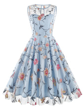 Load image into Gallery viewer, Lake Blue Semi Mesh Rose Embroidered Sleeveless 50S Swing Dress