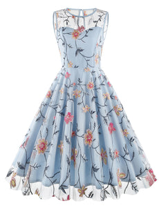 Lake Blue Semi Mesh Rose Embroidered Sleeveless 50S Swing Dress