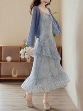 Load image into Gallery viewer, 2PS Blue Floral Print Spaghetti Strap Dress With Blue Shawl Dress Suit