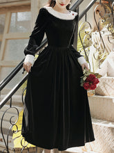 Load image into Gallery viewer, White Bertha Collar 1950S Black Velvet Hepburn Style Vintage Dress