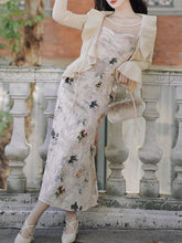 Load image into Gallery viewer, 2PS Apricot Floral Print Spaghetti Strap Velvet Dress With White Knit Cardigan Dress Suit