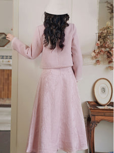 2PS Pink Long Sleeve Warm Coat With Pink Split Skirt Vintage Suit