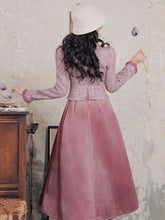 Load image into Gallery viewer, Pink and Purple Bow Fake Two-piece Velvet Long Sleeve Vintage 1950S Swing Dress