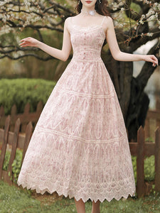 2PS Pink Embroidered lace Spaghetti Strap Dress With White Shawl Dress Suit