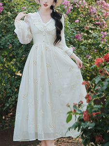 White V Neck Long Sleeved Embroidered Hollow Cotton Dress