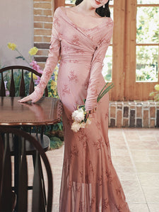 Pink Printed V-Neck Long Sleeve Fishtail Vintage Dress