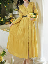 Load image into Gallery viewer, Yellow V-neck Boho Embroidered Bohemian Dress