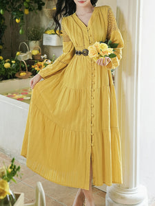 Yellow V-neck Boho Embroidered Bohemian Dress