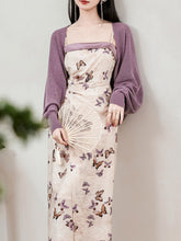 Load image into Gallery viewer, 2PS Purple Butterfly Print Spaghetti Strap Dress With Shawl Dress Suit