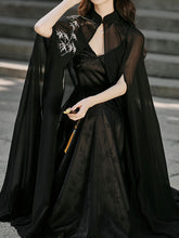 Load image into Gallery viewer, Black Suspender Deep V-neck Satin Backless Maxi Dress Prom Dress With Cape