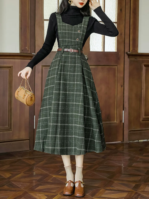 2PS Black Turtleneck Sweater With Vinatge Green Plaid Suspender Corduroy Dress