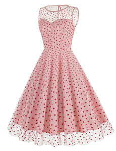 Pink Semi Mesh Sweet Heart Embroidered Sleeveless 50S Swing Dress