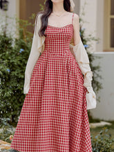 Load image into Gallery viewer, 2PS Red Plaid Spaghetti Strap Dress With White Shawl Dress Suit