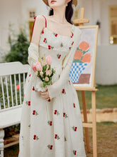 Load image into Gallery viewer, 2PS White Cherry Print Spaghetti Strap Dress With White Shawl Dress Suit