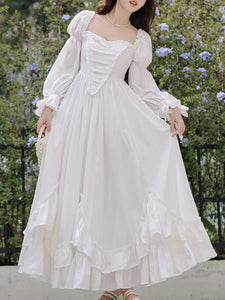 White Square Collar Long Lantern Sleeves Edwardian Ruffle Dress