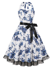 Load image into Gallery viewer, Butterfly Floral Print Sweet Heart Halter Sleeveless 1950S Vintage Dress