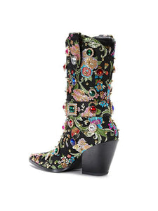 15CM Luxury Embroidered Rivet Chunky High Heel Platform Boot Vintage Shoes