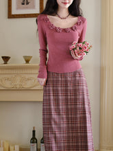 Load image into Gallery viewer, 2PS Pink Rose Sweater And Plaid Straight  Skirt 1950s Vintage Audrey Hepburn&#39;s Style Outfits