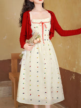 Load image into Gallery viewer, White Cute Cotton Embroidered Dress with Red Cardigan Vintage Suit