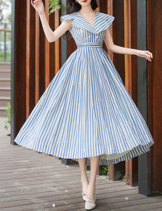 1950S Classic Vintage Summer Blue Strip Sailor Shawl Collar Pleated Swing Dress
