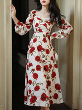 Load image into Gallery viewer, White Sweet Heart Collar Rose Print Long Sleeve Vintage Dress