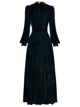 Load image into Gallery viewer, Burgundy Lace Ruffles Lantern Sleeves Edwardian Revival Velvet Dress