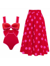 Load image into Gallery viewer, Bow Retro Style One Piece With Polka Dots Bathing Suit Swing Skirt