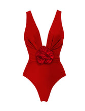 Load image into Gallery viewer, Red Ruffles Rose One Piece With Bathing Suit Wrap Skirt