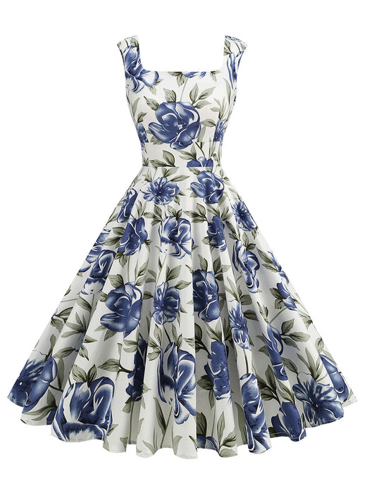 Blue Floral Print  Sleeveless 1950S Vintage Dress