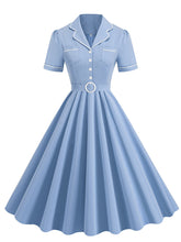 Load image into Gallery viewer, Blue 1950s Vintage Shirt Dress for Women Short Sleeve Audrey Hepburn Style Cocktail Swing Dress